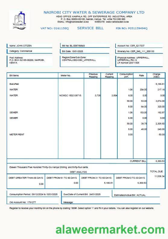 Kenya Nairobi City Water and Sewerage Company utility bill template in Word and PDF formats